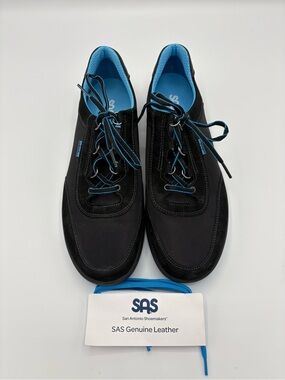 SAS Sporty Black Blue Leather Walking Shoes Women’s 10.5M USA Made Lace Up NWOB